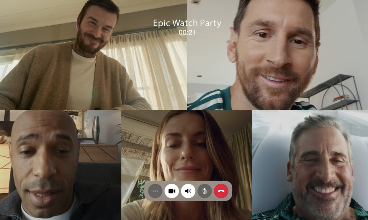 A video group chat shot featuring Alexia Putellas, Lionel Messi, David Beckham, Steve Carell, and Thierry Henry
