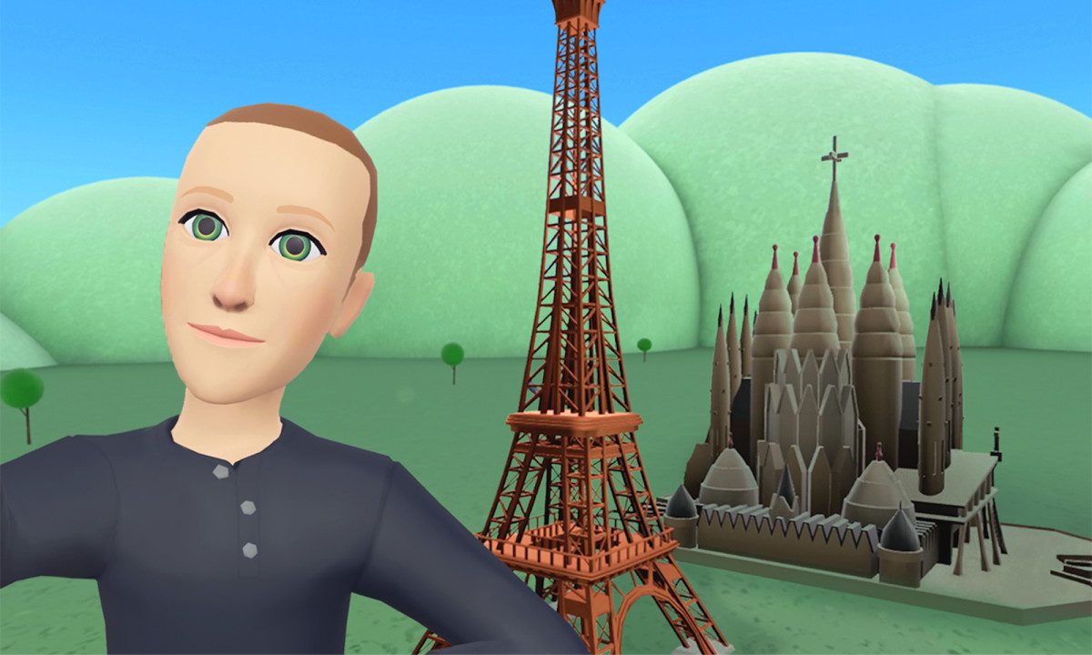 A promotional image for Horizon Worlds, featuring an avatar of Mark Zuckerberg