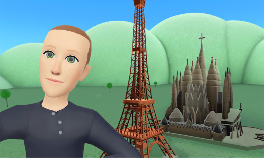 A promotional image for Horizon Worlds, featuring an avatar of Mark Zuckerberg