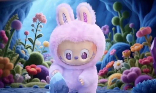 A screenshot of the Labubu character in an animated music video