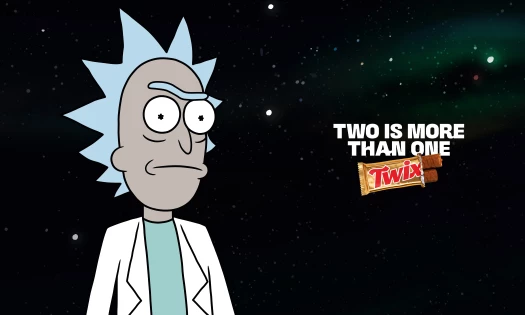 Rick from Rick and Morty beside a Twix bar