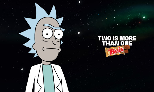 Rick from Rick and Morty beside a Twix bar