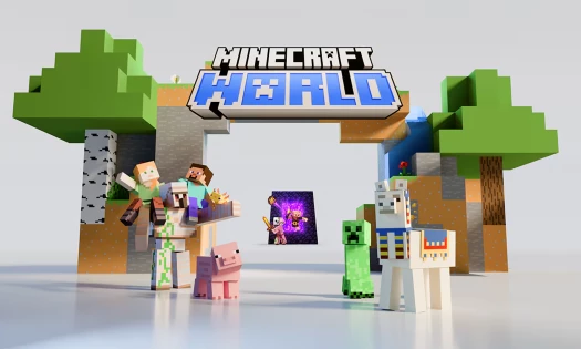 A promotional image for Minecraft World, showing its signature characters