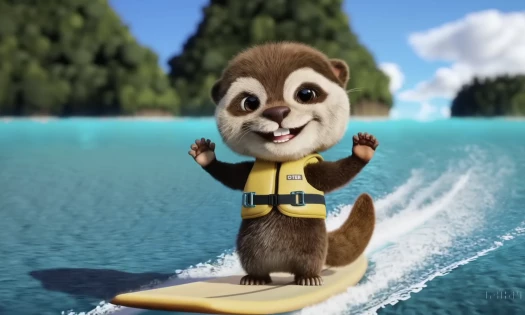 An AI-generated screenshot taken from OpenAI's Sora, showing an otter on a surfboard