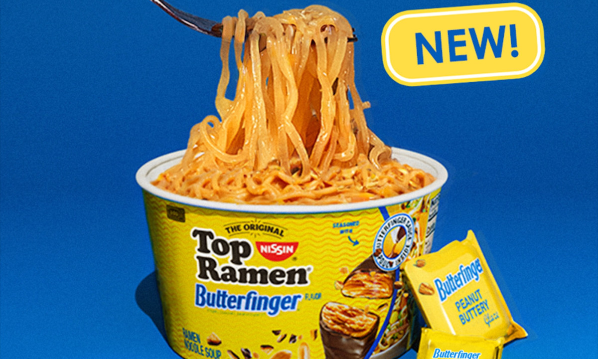 The Butterfinger x Top Ramen collab, showing a peanut butter-flavored ramen product