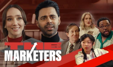 Hasan Minhaj and Patty Guggenheim play exaggerated versions of agency creatives