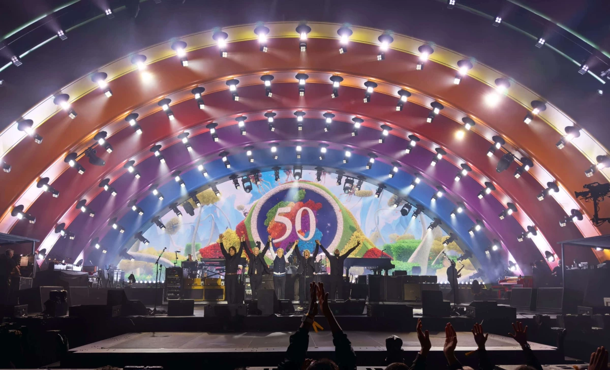 Paul McCartney during the curtain call at Apple Park in Cupertino, the grand finale of Apple’s 50th anniversary celebrations.