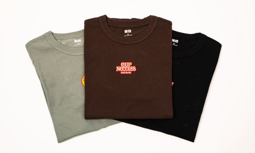 UNIQLO T-shirts pictured with Nissin Foods logos embroidered onto the front