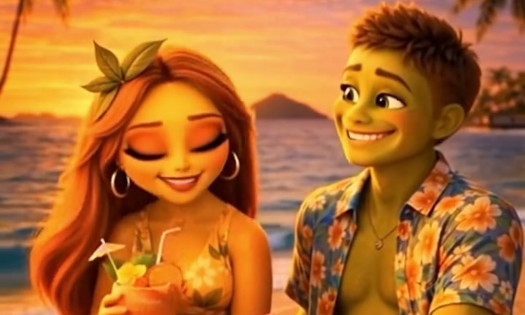 A scene from "Fruit Love Island" showing two characters