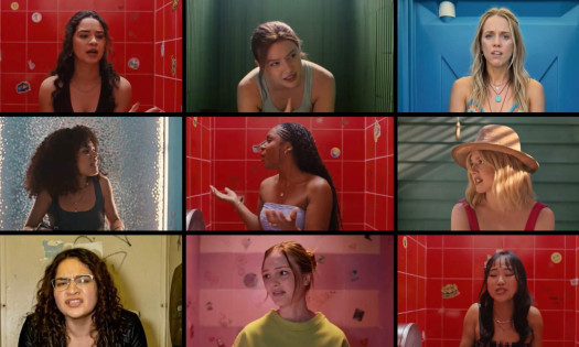 Women in different toilets talking to each other in different, colorful squares