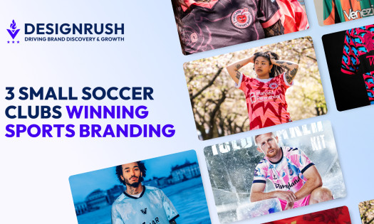 Hero image headline “3 Small Soccer Clubs Winning Sports Branding” alongside a collage of diverse soccer players in colorful jerseys.