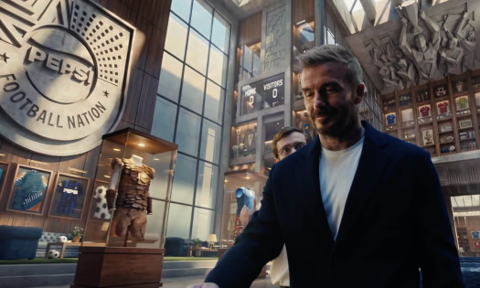 David Beckham walking down a museum hallway with the insignia of "Pepsi Football Nation"