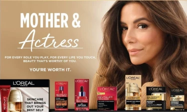A layout of Eva Longoria with L’Oréal products and the caption "Mother & Actress, You're Worth It"