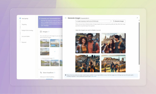Microsoft Advertising Platform interface showing AI-powered image generation with DALL-E 3 for search ad campaigns.