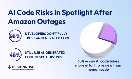 AI code risks infographic: 96% of developers don’t fully trust AI-generated code, 48% still use it, and 38% say it’s harder to review than human code.