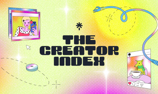 Illustrated graphic reading “The Creator Index” on a colorful gradient background, surrounded by playful digital elements including social media-style windows, a selfie illustration, a stylized character, and a looping cable motif.