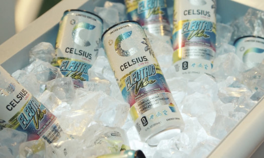 Cans of Celsius' new Electric Vibe energy drink shown in an ice cooler