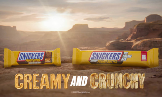 SNICKERS Peanut Butter and Peanut Butter Ice Cream Bars in a canyon. Creamy and Crunchy typography under the bars.