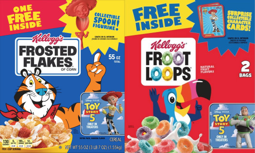 Kellogg's Frosted Flakes and Froot Loops cereal boxes with Toy Story 5 package designs