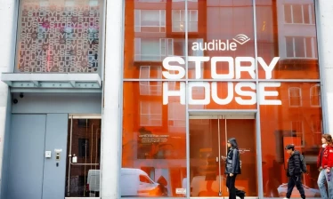 Audible Story House storefront in New York promotes the brand’s month-long “bookless bookstore” pop-up.
