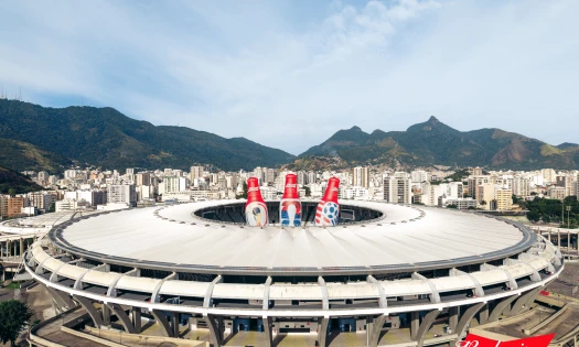 Budweiser bottle-shaped hot air balloons transform Maracanã Stadium in Rio de Janeiro into a giant beer bucket for its FIFA World Cup campaign.