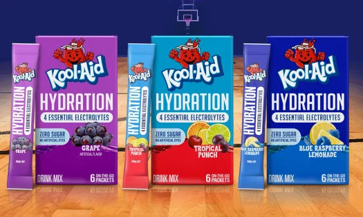 Kool-Aid Hydration electrolyte drink mix boxes and single-serve sticks in Grape, Tropical Punch, and Blue Raspberry Lemonade flavors.