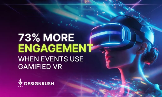 Graphic with bold text reading ‘73% more engagement when events use gamified VR.’ On the right, an illustrated woman wearing a VR headset looks upward. At the bottom, the DesignRush logo appears with the tagline ‘Connecting Businesses with Agencies.’ The