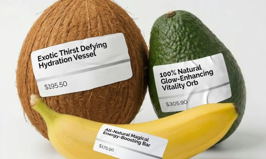 A coconut, an avocado, and a banana with over exaggerated labels and inflated prices.