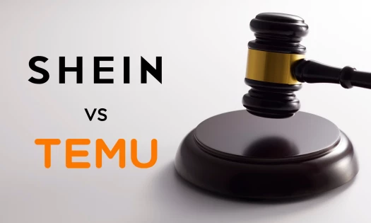 The Shein and Temu logos with a judge's gavel beside it