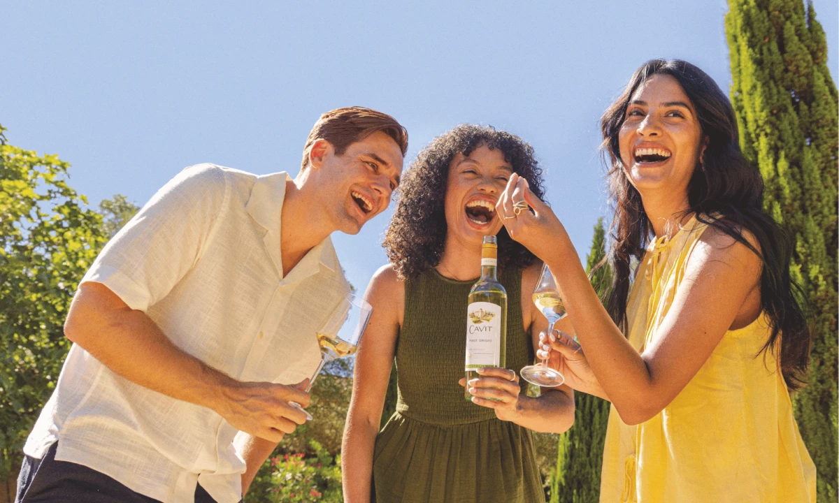 Friends toast with glasses of Cavit Pinot Grigio during an outdoor summer gathering.