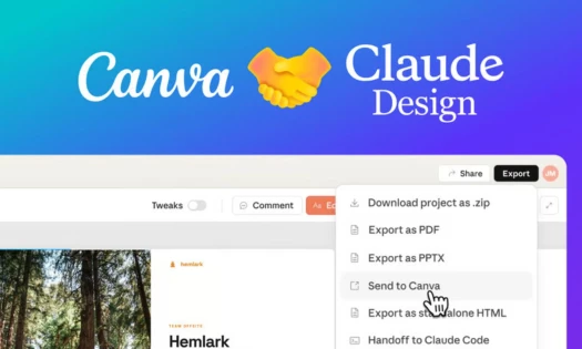 Canva and Claude Design partnership interface showing export options including Send to Canva feature on a teal and purple gradient background.