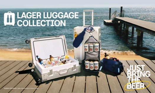 Molson Coors Lager Luggage Collection on a dock at a beach front.