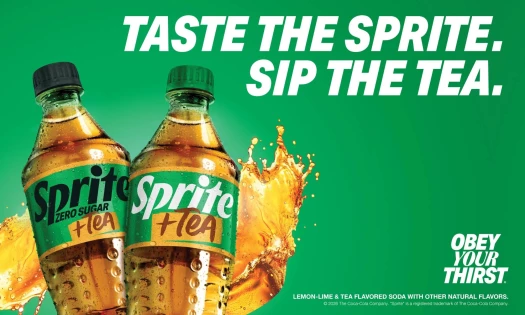 Sprite + Tea regular and zero bottles on green background. "Taste the Sprite. Sip the Tea." is the headline.