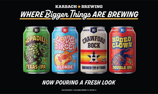 Karbach Brewing Co. cans showing refreshed packaging for Hopadillo, Love Street, Crawford Bock, and Rodeo Clown.