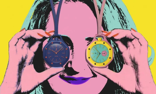 Lady's face in 80's pop art style. She covers each eye with a Bioceramic pocket watch.