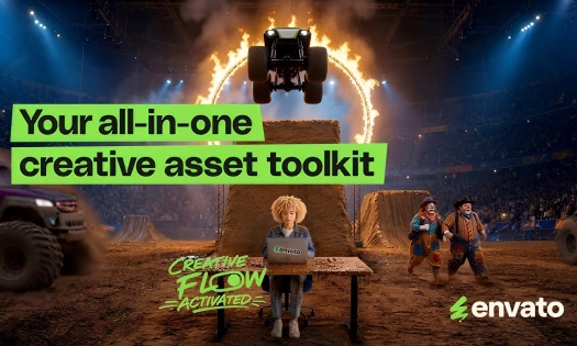 Woman working on a laptop with an Envato sticker in the midst of a chaotic monster truck rally scene.