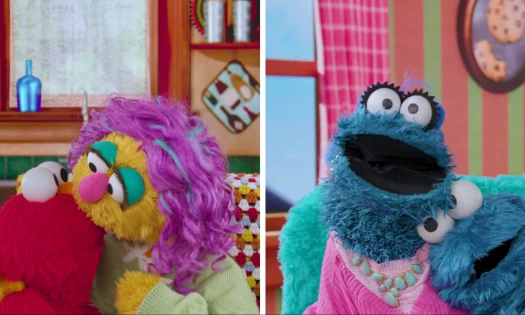 Elmo and Cookie Monster with their mothers