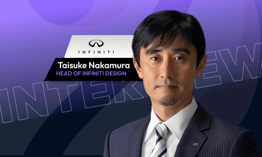 Headshot of INFINITI’s design hed Taisuke Nakamura on a purple branded graphic background with the INFINITI logo.