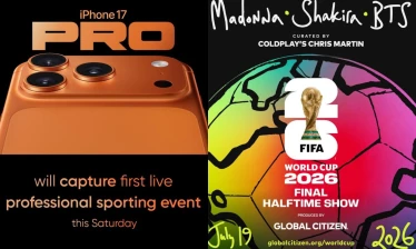 iPhone 17 Pro in burnt orange alongside the FIFA World Cup 2026 Final Halftime Show poster