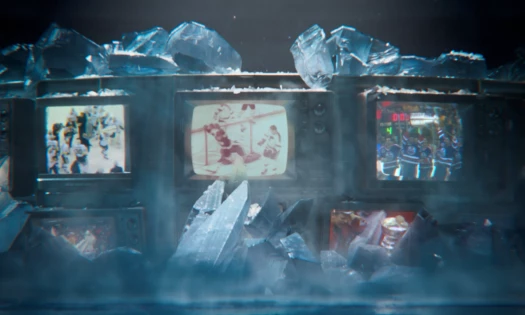 TV monitors surrounded in ice