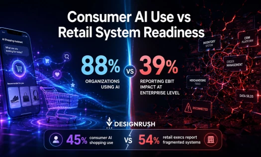 Infographic titled “Consumer AI Use vs Retail System Readiness” showing 88% of organizations use AI, 39% report EBIT impact, and a comparison of 45% consumer AI shopping use versus 54% of retail executives reporting fragmented systems, with two bar graphi
