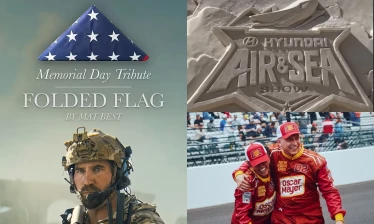 Hyundai Air & Sea Show sand sculpture alongside Le Portier x America's Gold Star Families "Honoring Legacy; Supporting Families" poster.