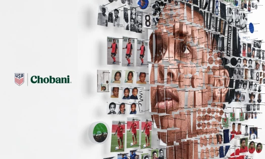 Chobani and U.S. Soccer campaign artwork showing a collage-style portrait made of Weston McKennie from childhood photos, soccer images, documents, and personal artifacts.