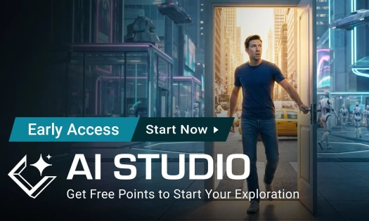 AI Studio early access poster depicting the platforms AI video capabilities from realism to robotic futurism.