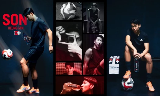 Son Heung-min in a three panel-style shot with Essentia Water bottles and branded training gear.