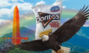 Chip U.S. Monument, Doritos "Ultimate Garlic Parm" flavor and an American Eagle overlaid on a rainbow and mountain background.