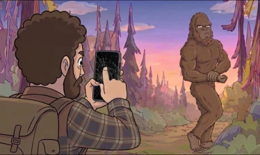 A man taking a picture of a sasquatch