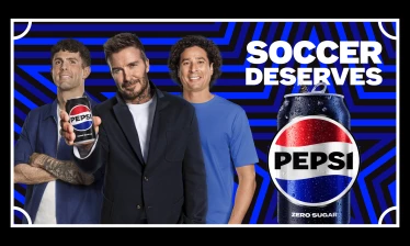 Christian Pulisic, David Beckham and Guillermo "Memo" Ochoa stand beside a Pepsi Zero Sugar can in a “Soccer Deserves Pepsi” campaign graphic.