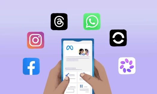 WhatsApp, Facebook, Instagram and other Meta app icons with a phone screen with Meta logo in the middle