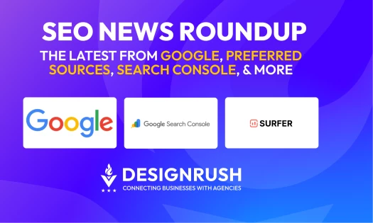 SEO News Roundup featuring Google, Google Search Console, and Surfer SEO logos on a purple background